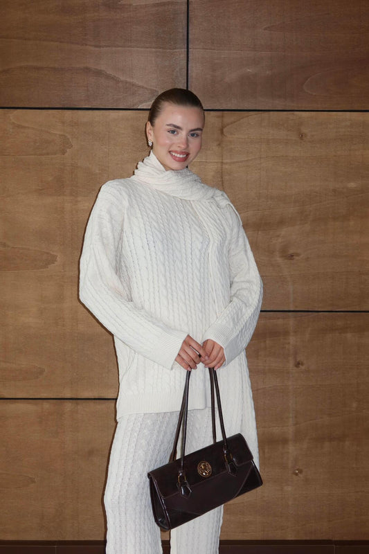 Atkılı Kablo Desenli Oversize Triko Takım