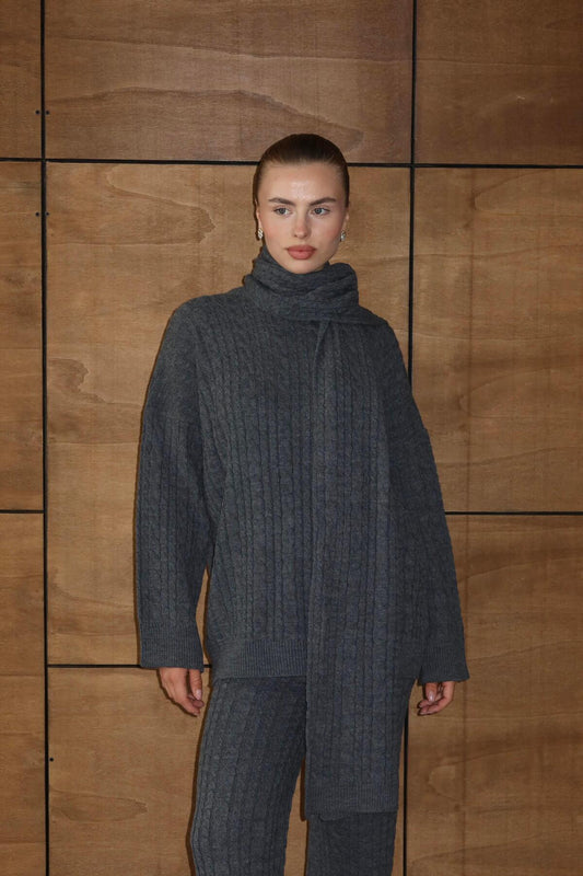 Atkılı Kablo Desenli Oversize Triko Takım