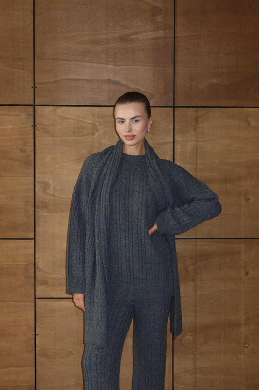 Atkılı Kablo Desenli Oversize Triko Takım