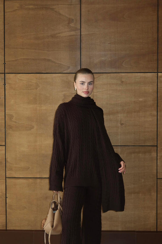 Atkılı Kablo Desenli Oversize Triko Takım