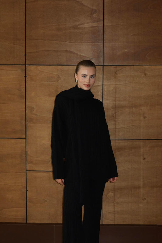 Atkılı Kablo Desenli Oversize Triko Takım