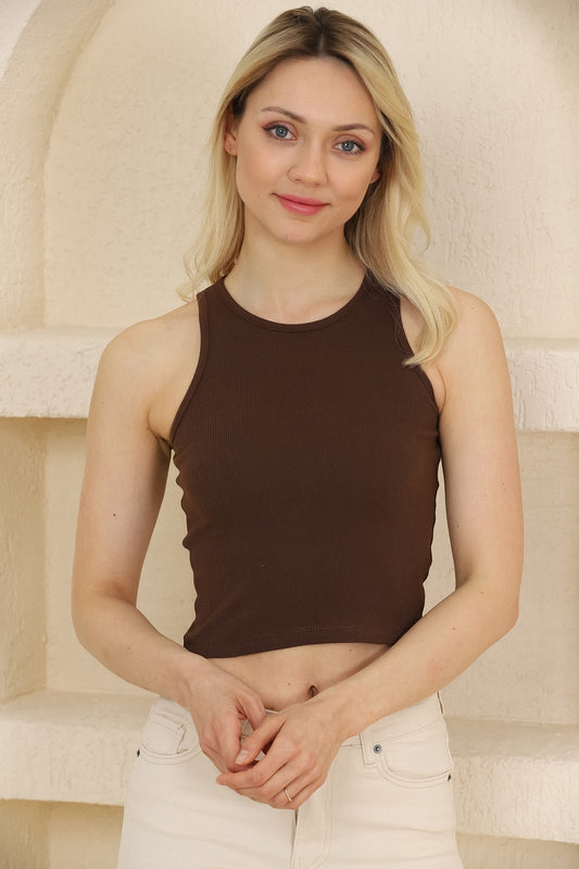 Basic Crop Fitilli Halter Yaka Esnek Crop Atlet