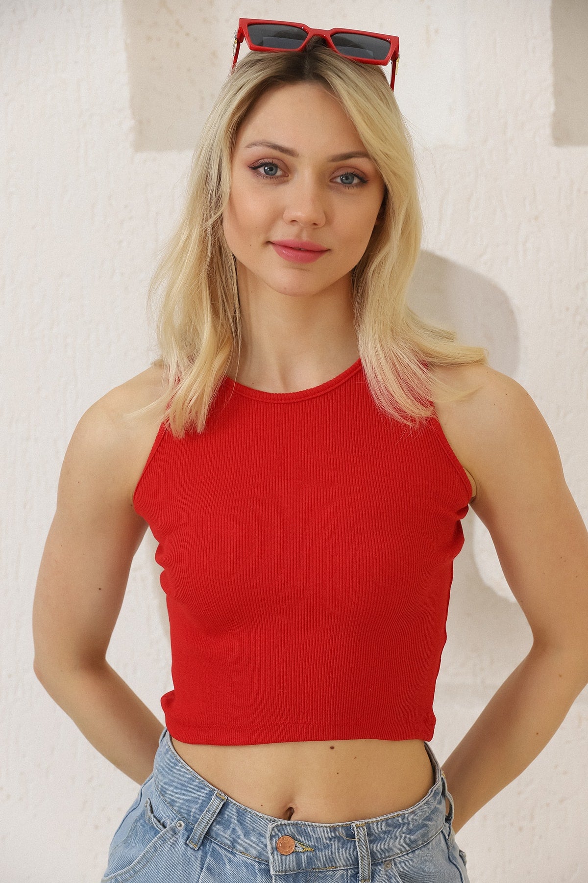 Basic Crop Fitilli Halter Yaka Esnek Crop Atlet