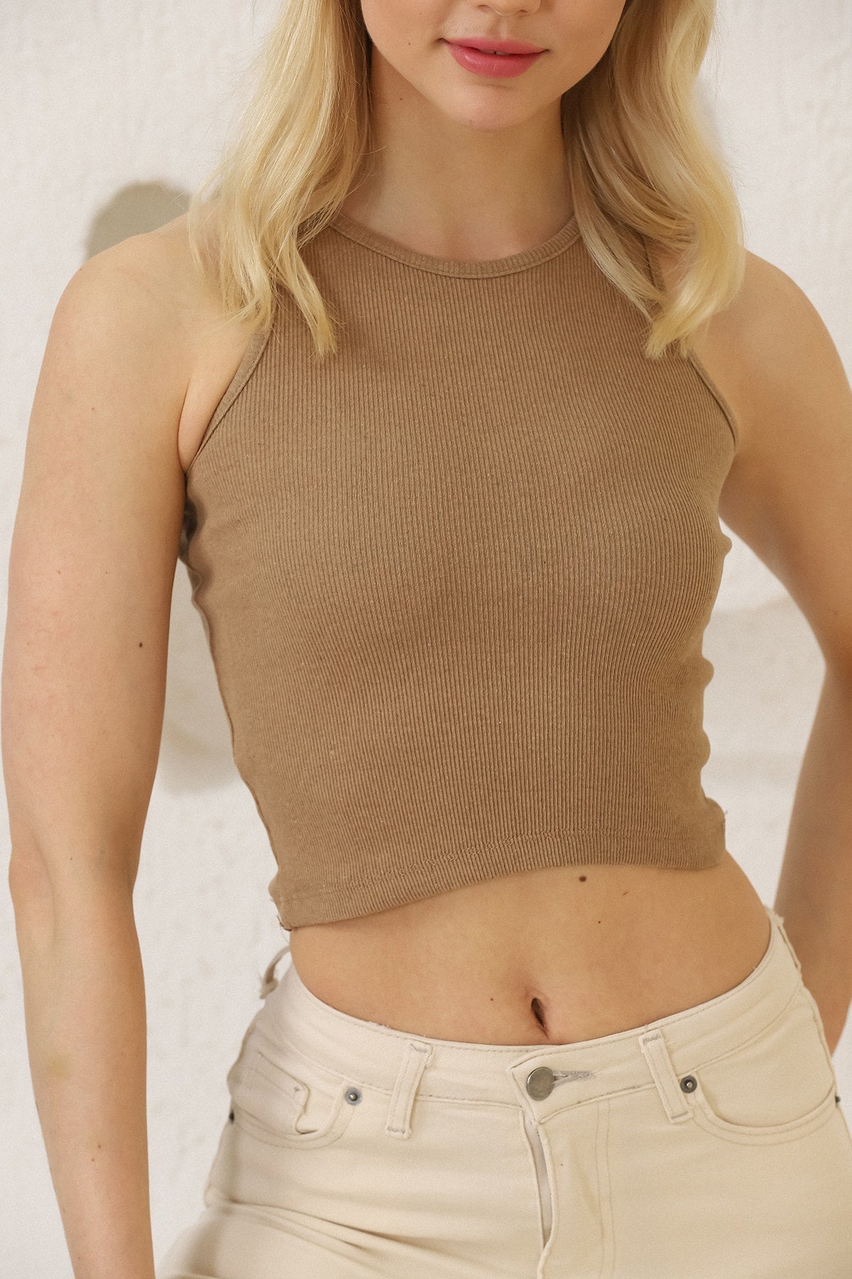 Basic Crop Fitilli Halter Yaka Esnek Crop Atlet
