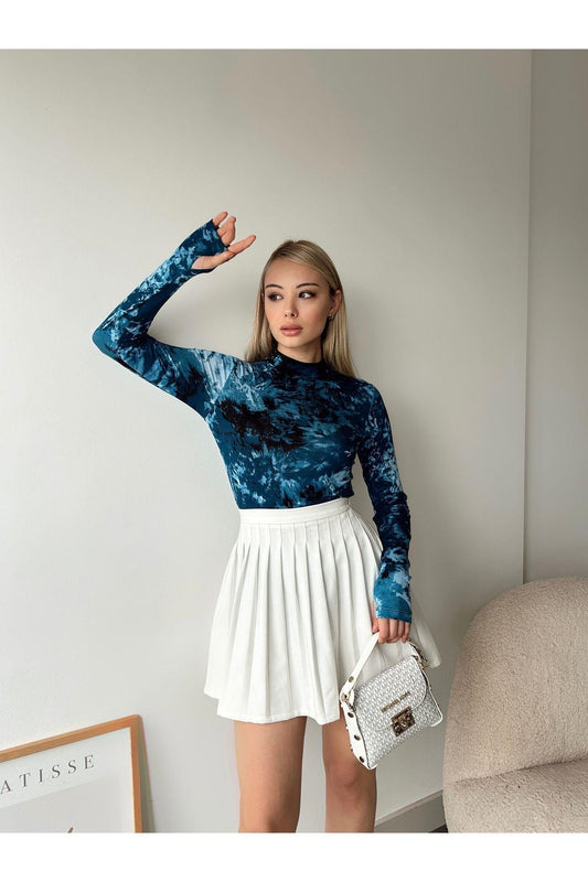 Batik Desen Yarım Balıkçı Uzun Kol Bluz