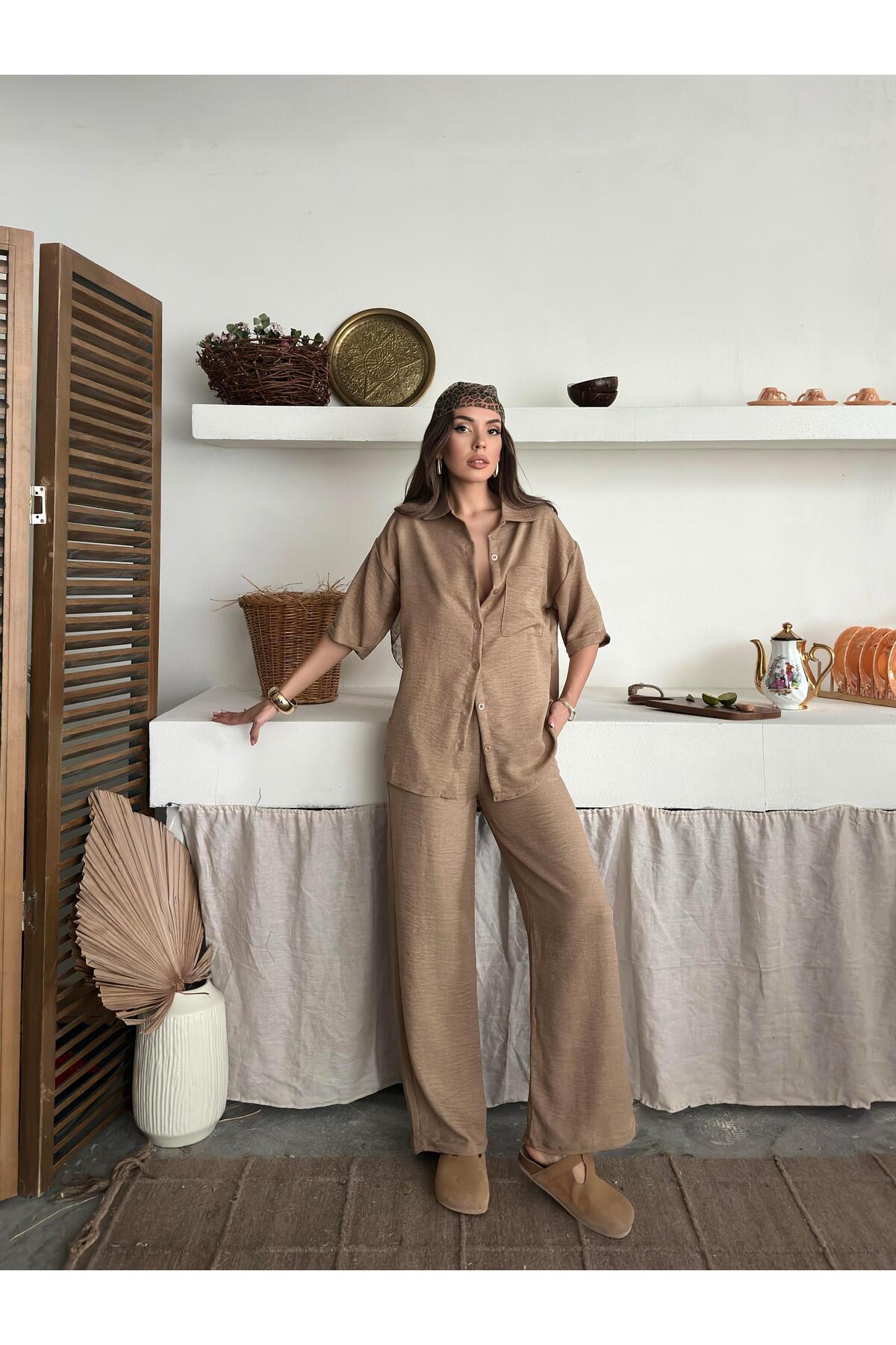 Bej Keten Dokulu Oversize Gömlek ve Palazzo Pantolon Takım