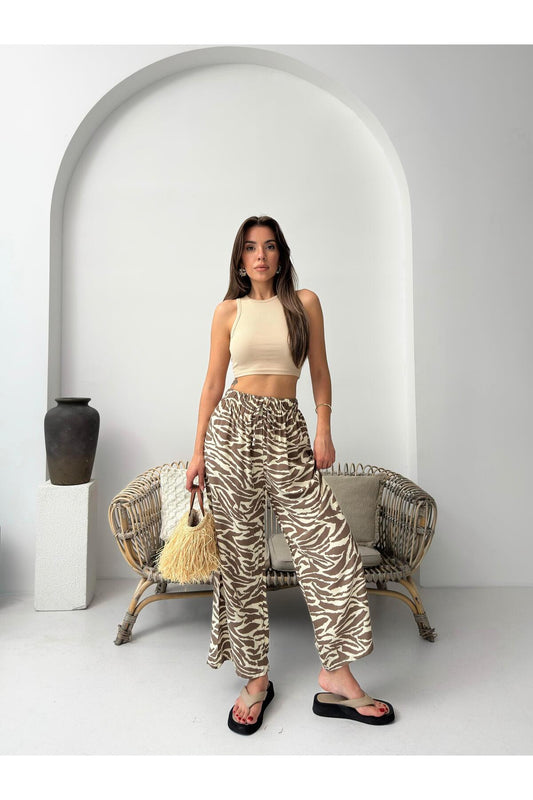 Bej Zebra Desenli Bol Paça Pantolon
