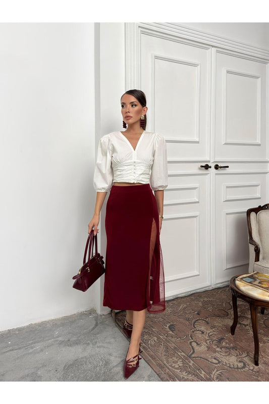 Bordo File Detaylı Yırtmaçlı Yüksek Bel Midi Etek