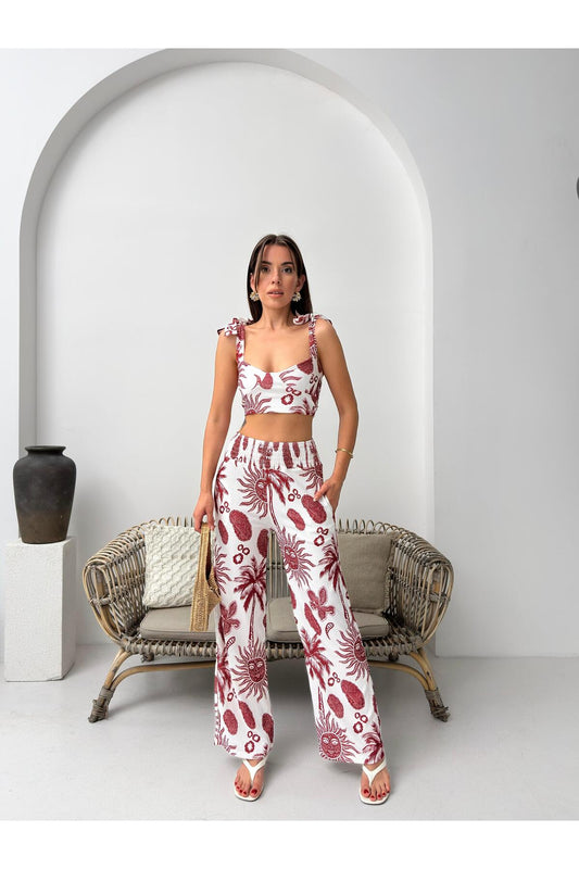 Bordo Tropikal Desenli Bağlamalı Askılı İkili Yazlık Takım
