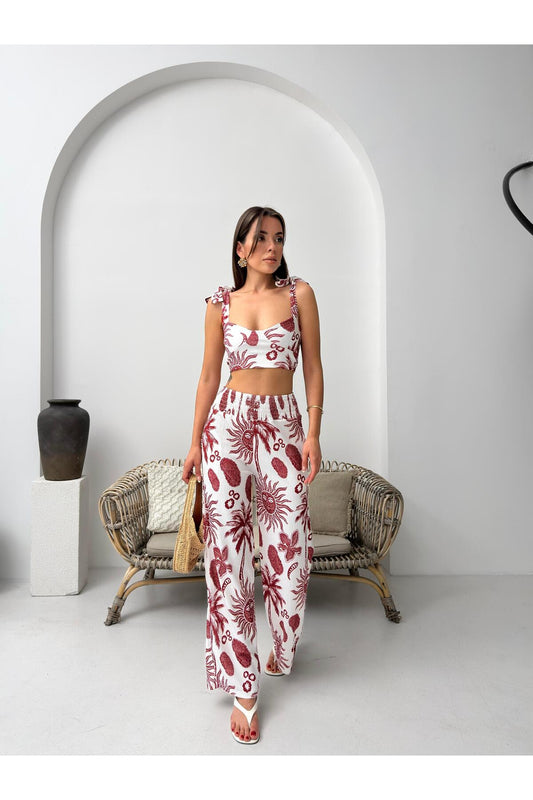Bordo Tropikal Desenli Bağlamalı Askılı İkili Yazlık Takım