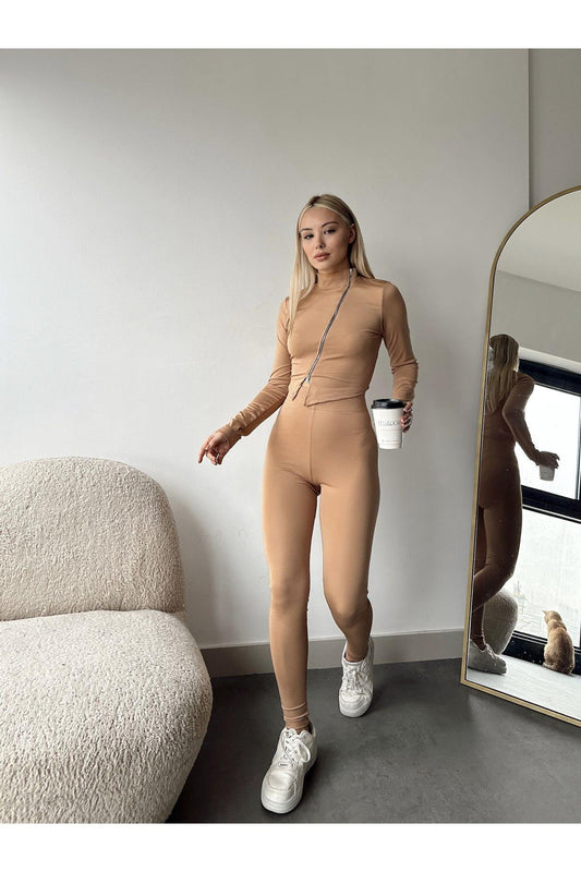 Boydan Çapraz Fermuar Detaylı Bluz Pantolon Takım