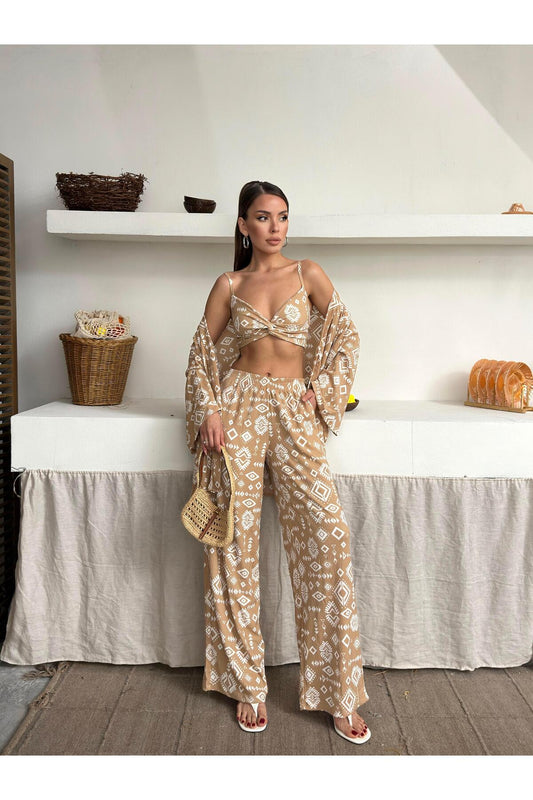 Bürümcük Kumaş Kimono Üçlü Takım