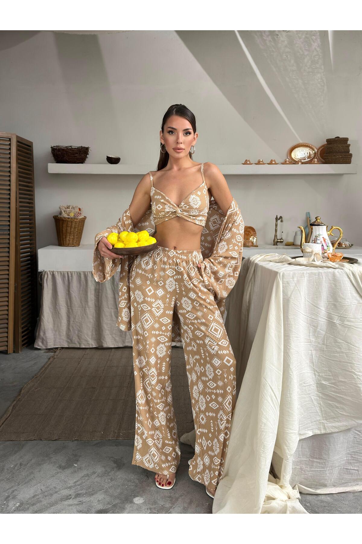Bürümcük Kumaş Kimono Üçlü Takım