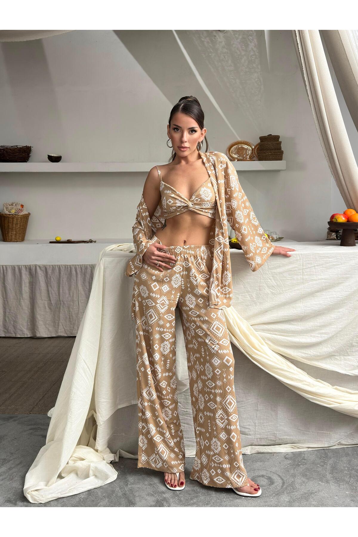 Bürümcük Kumaş Kimono Üçlü Takım