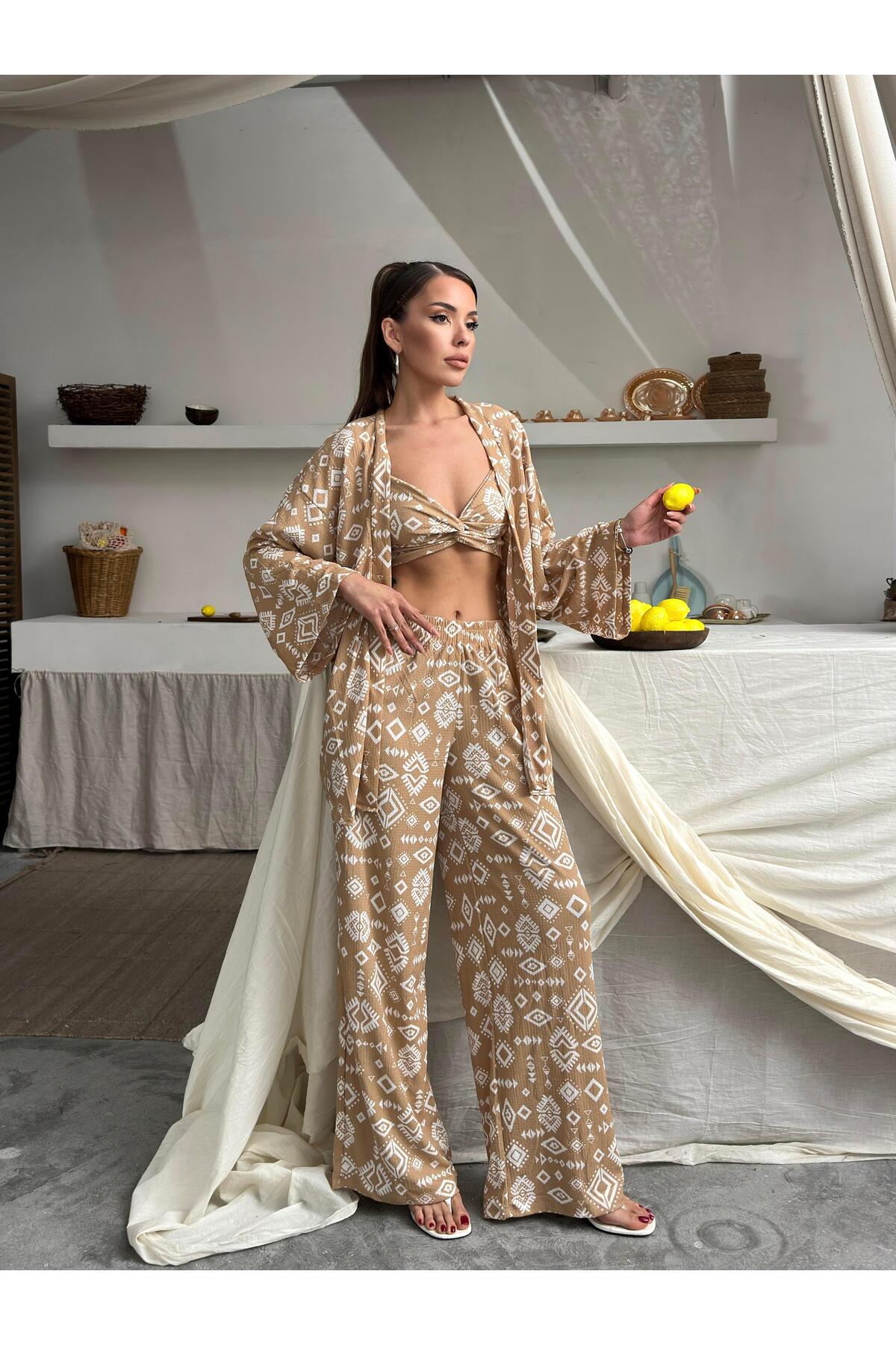 Bürümcük Kumaş Kimono Üçlü Takım