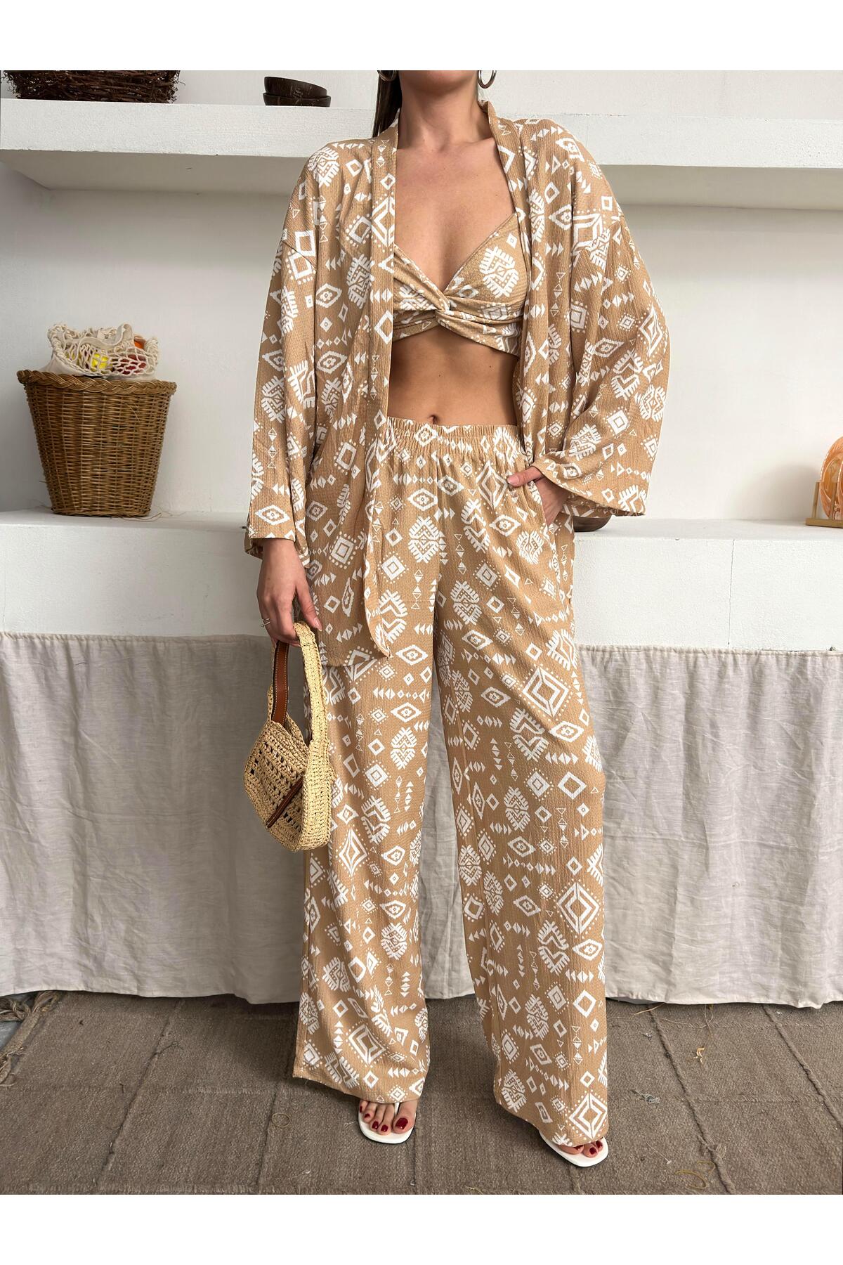 Bürümcük Kumaş Kimono Üçlü Takım