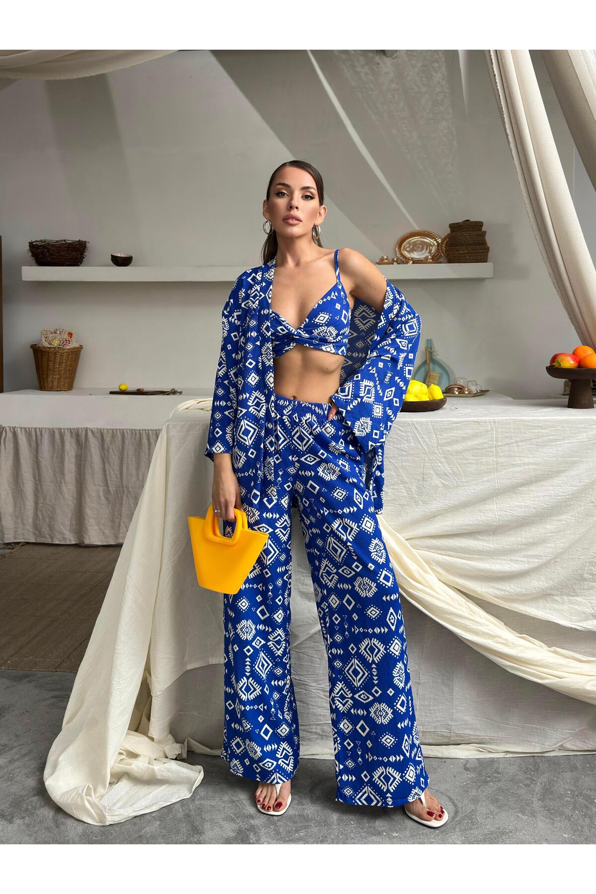 Bürümcük Kumaş Kimono Üçlü Takım