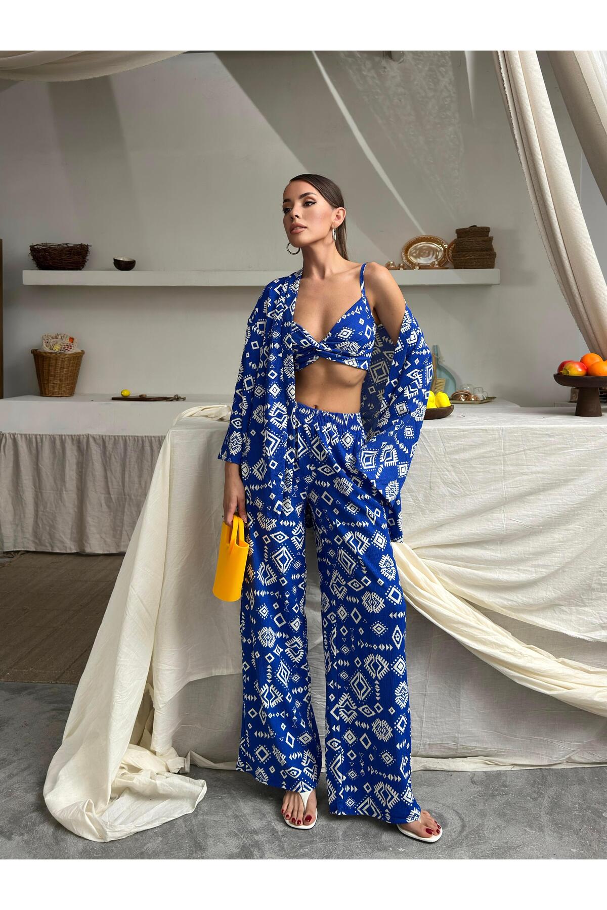 Bürümcük Kumaş Kimono Üçlü Takım