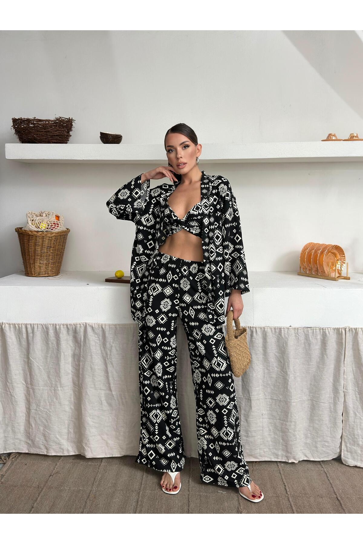 Bürümcük Kumaş Kimono Üçlü Takım