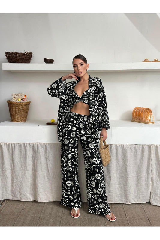 Bürümcük Kumaş Kimono Üçlü Takım