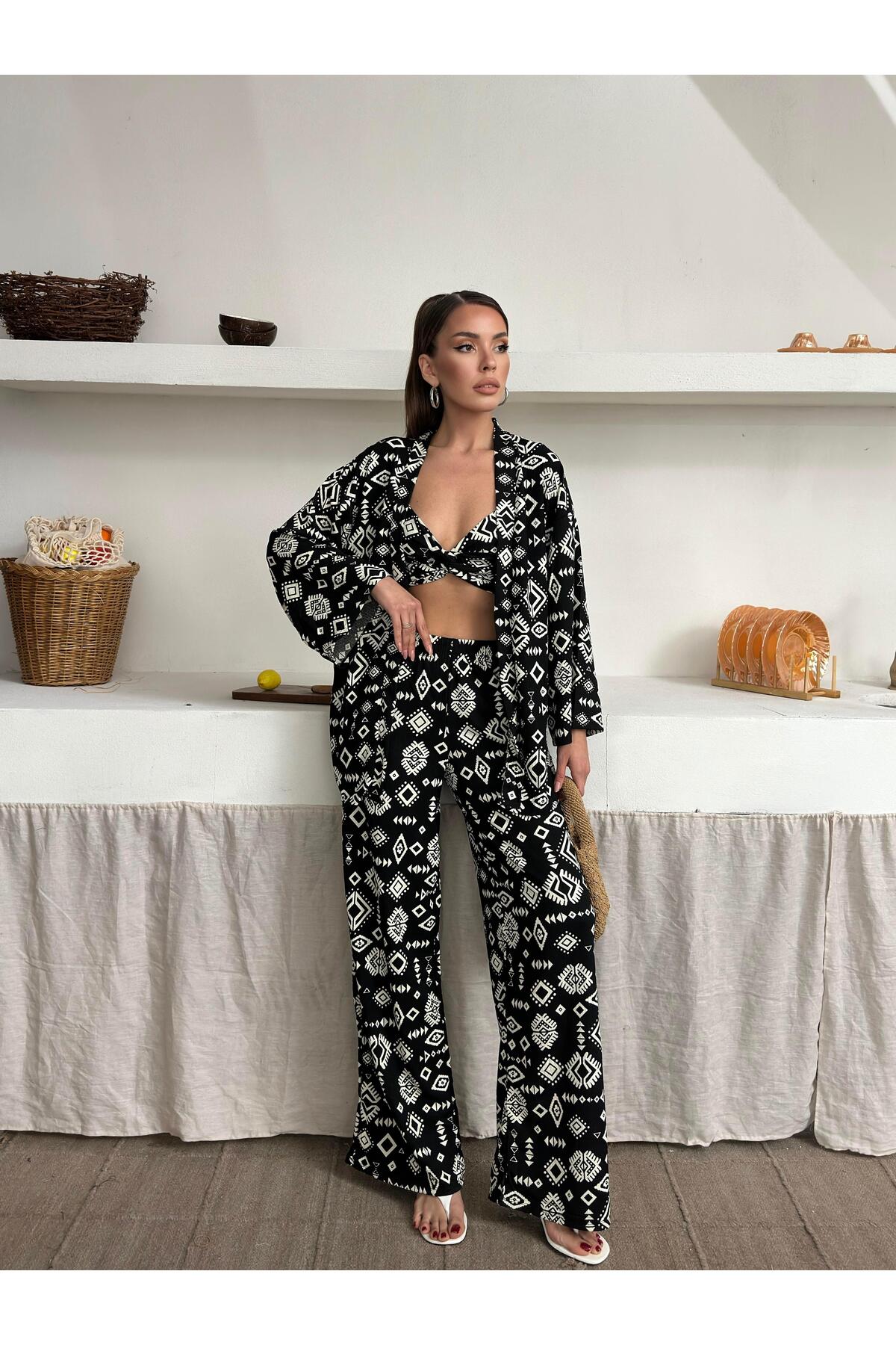 Bürümcük Kumaş Kimono Üçlü Takım