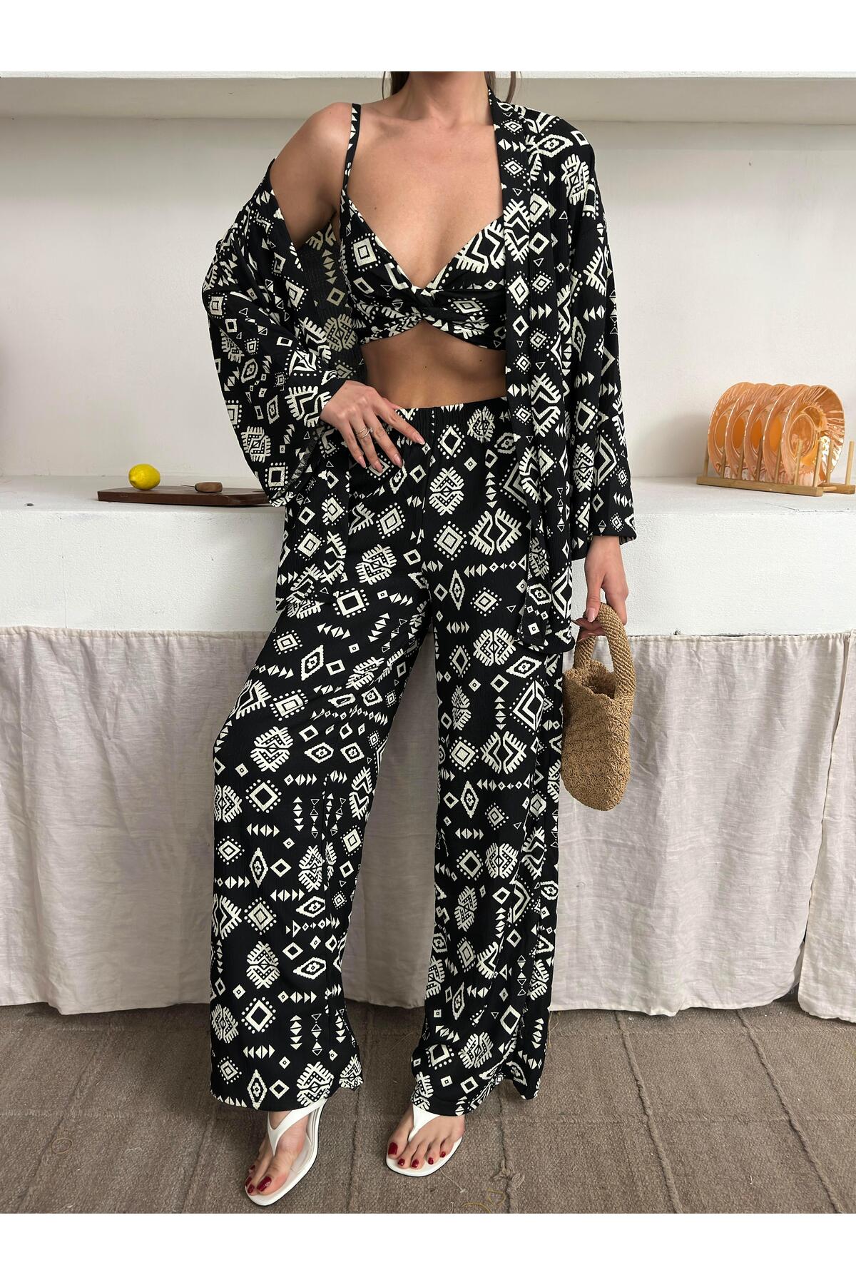 Bürümcük Kumaş Kimono Üçlü Takım