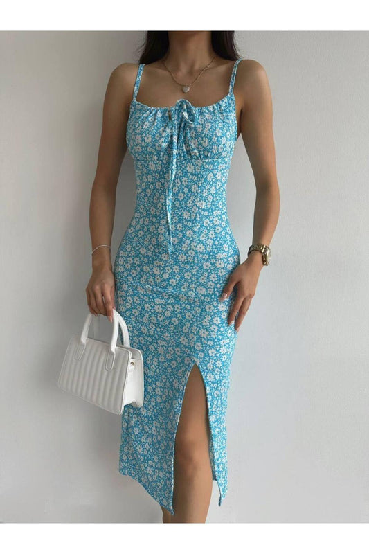 Çiçek Desenli Askılı Yırtmaçlı Midi Elbise