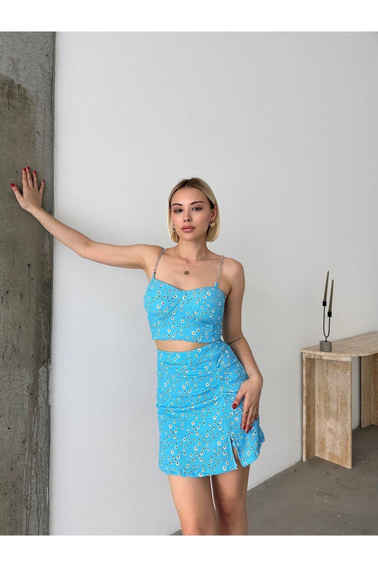 Çiçek Desenli Crop-etek Takım Şort Etek