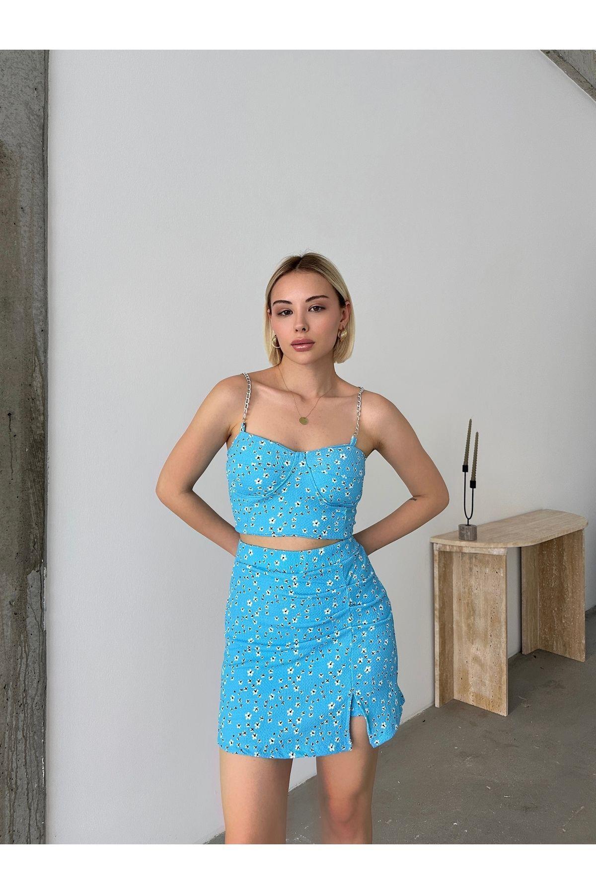 Çiçek Desenli Crop-etek Takım Şort Etek