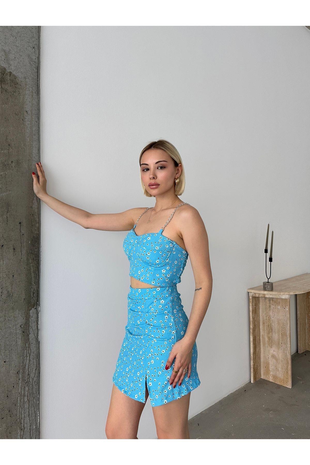 Çiçek Desenli Crop-etek Takım Şort Etek