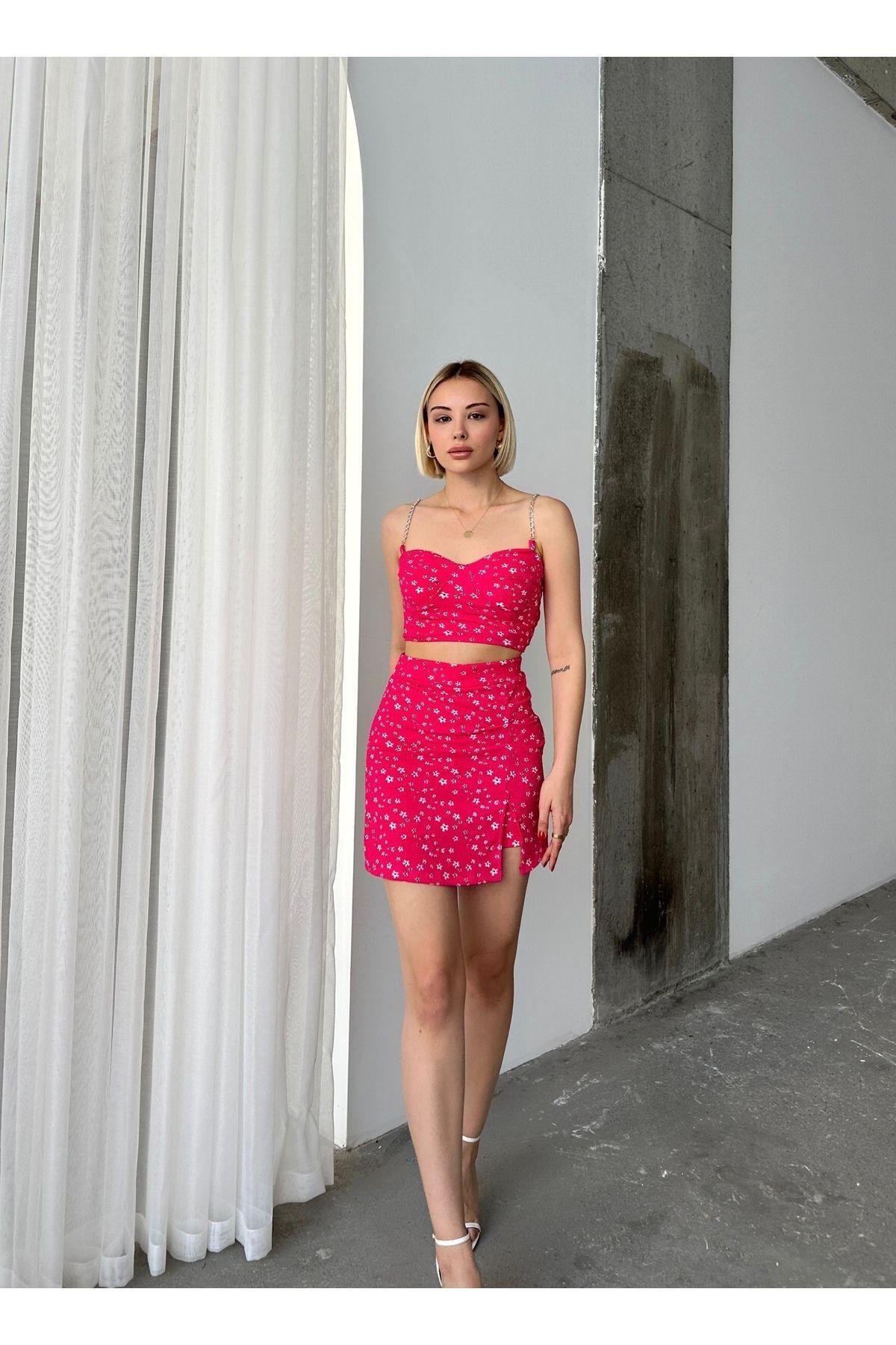 Çiçek Desenli Crop-etek Takım Şort Etek