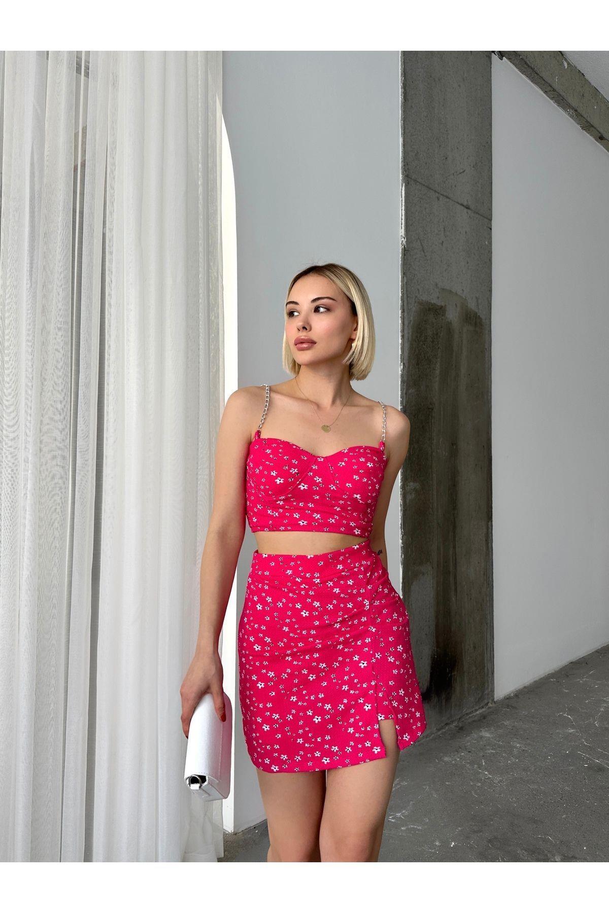 Çiçek Desenli Crop-etek Takım Şort Etek