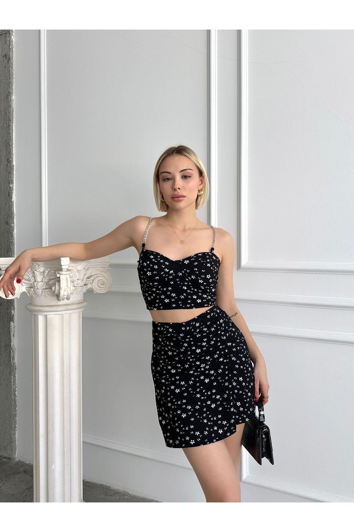 Çiçek Desenli Crop-etek Takım Şort Etek