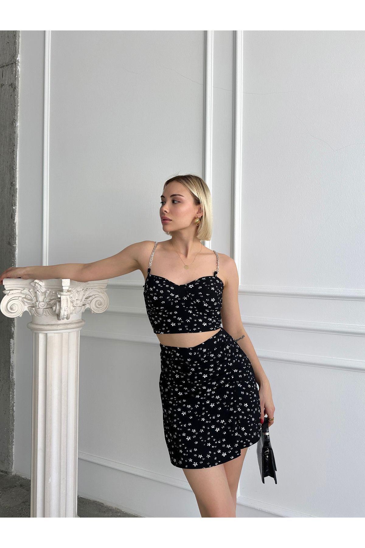Çiçek Desenli Crop-etek Takım Şort Etek