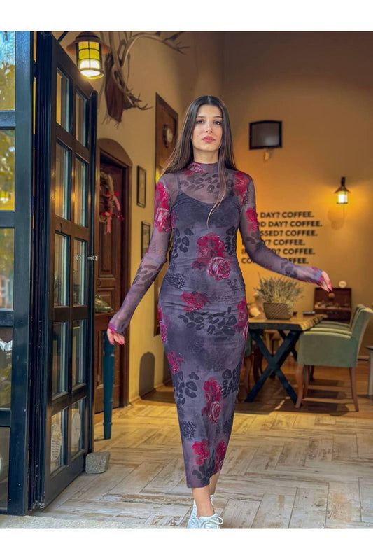 Çiçek Desenli Midi Boy İkili Tül Elbise