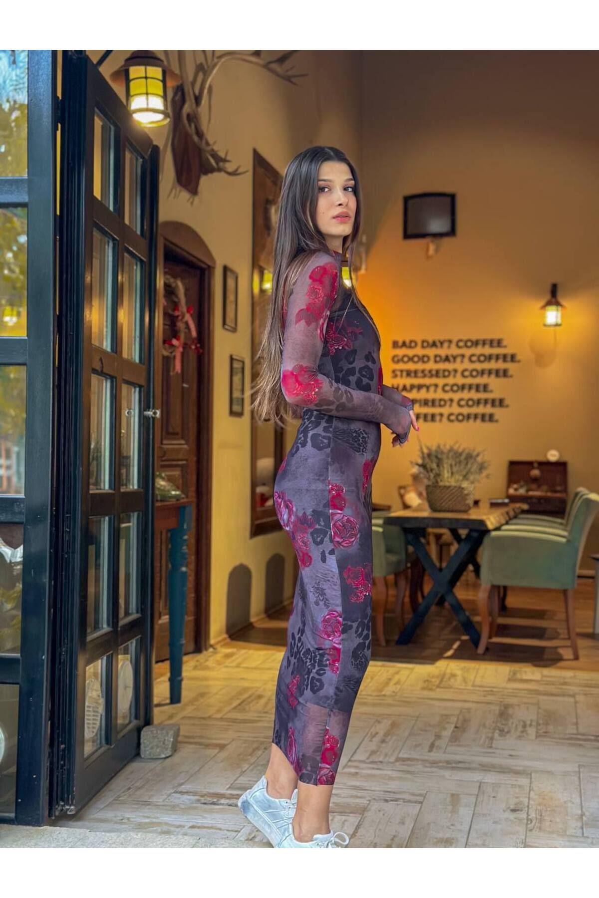 Çiçek Desenli Midi Boy İkili Tül Elbise