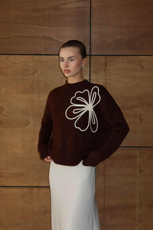 Çiçek Desenli Triko Kazak