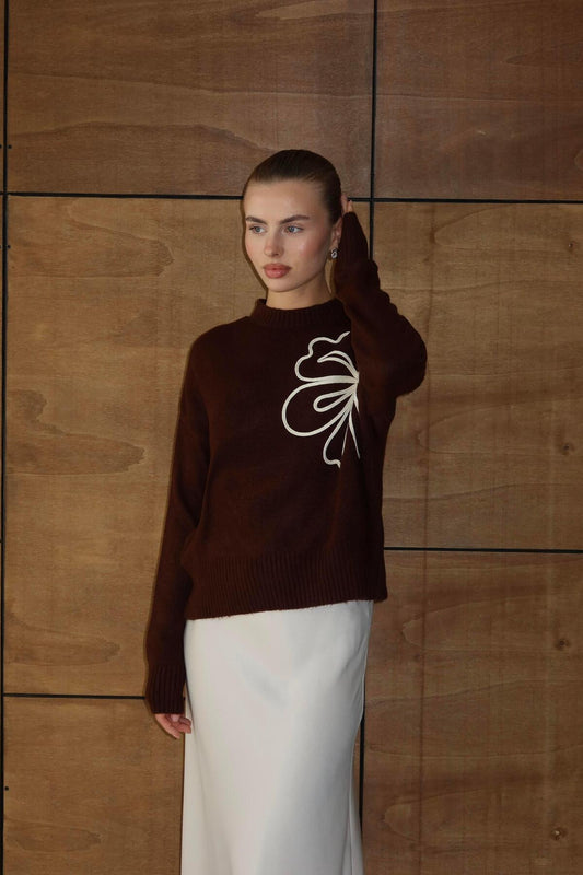 Çiçek Desenli Triko Kazak