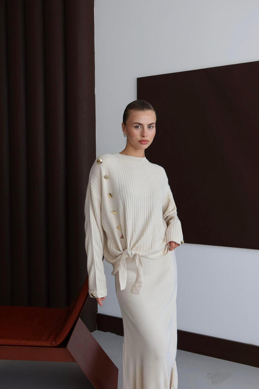 Düğme Detaylı Triko Etek Takım