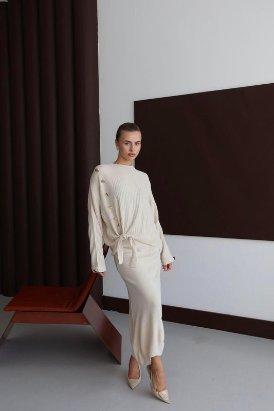 Düğme Detaylı Triko Etek Takım