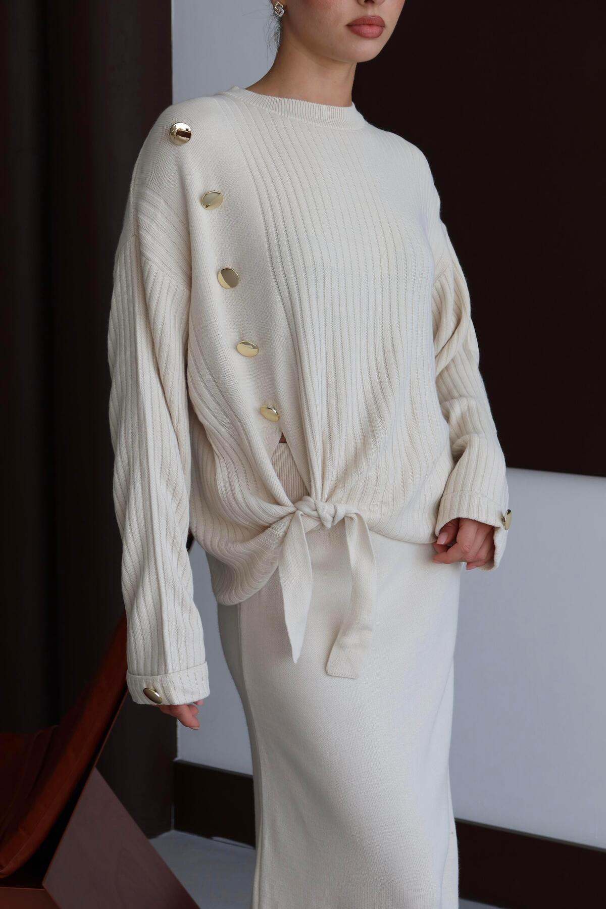 Düğme Detaylı Triko Etek Takım