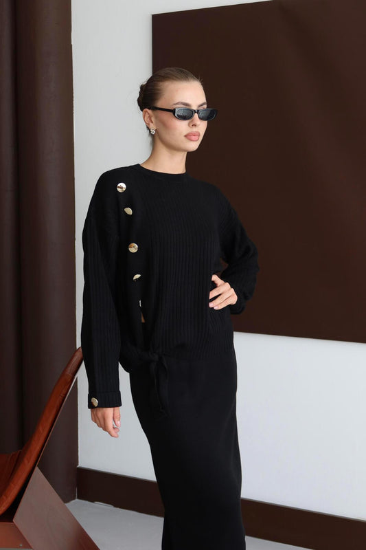 Düğme Detaylı Triko Etek Takım