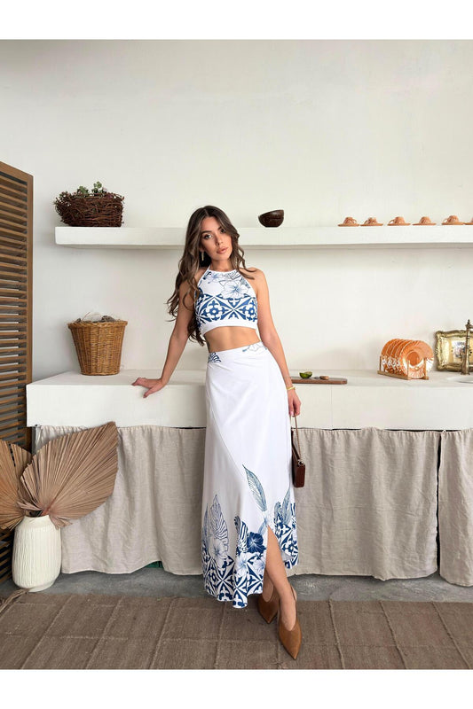 Etnik Desenli Mavi Crop ve Yırtmaçlı Maxi Etek Takım