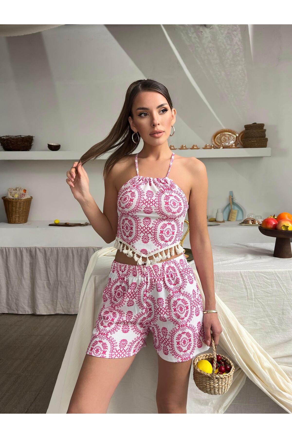 Etnik Desenli Püsküllü Yazlık Şort Takım