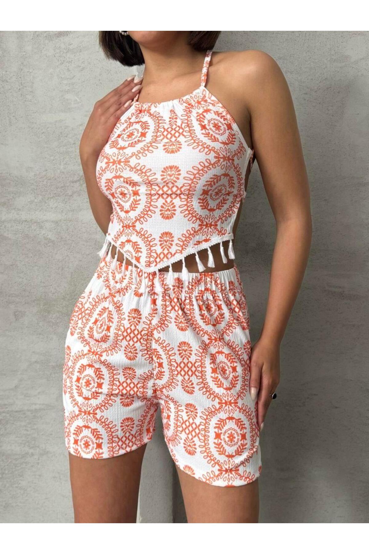 Etnik Desenli Püsküllü Yazlık Şort Takım