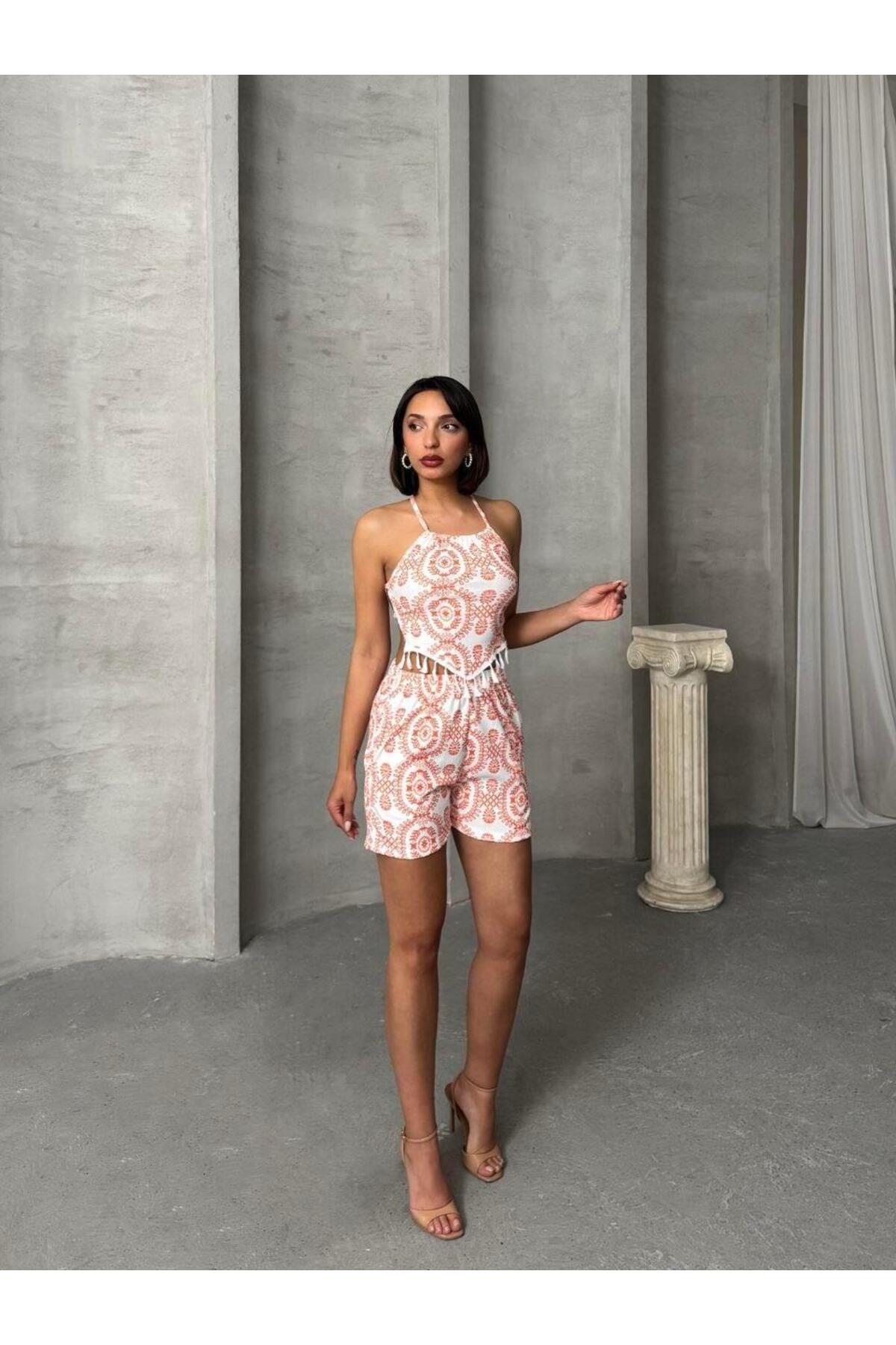 Etnik Desenli Püsküllü Yazlık Şort Takım