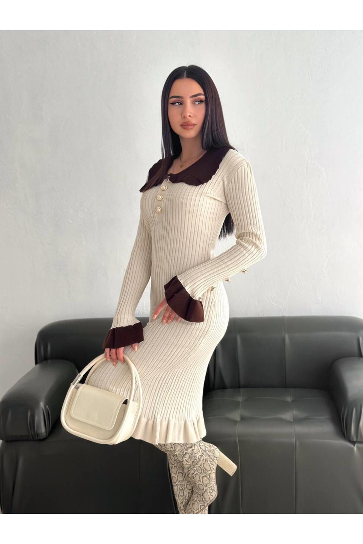 Fırfır Yaka İnci Düğmeli Uzun Kollu Triko Elbise