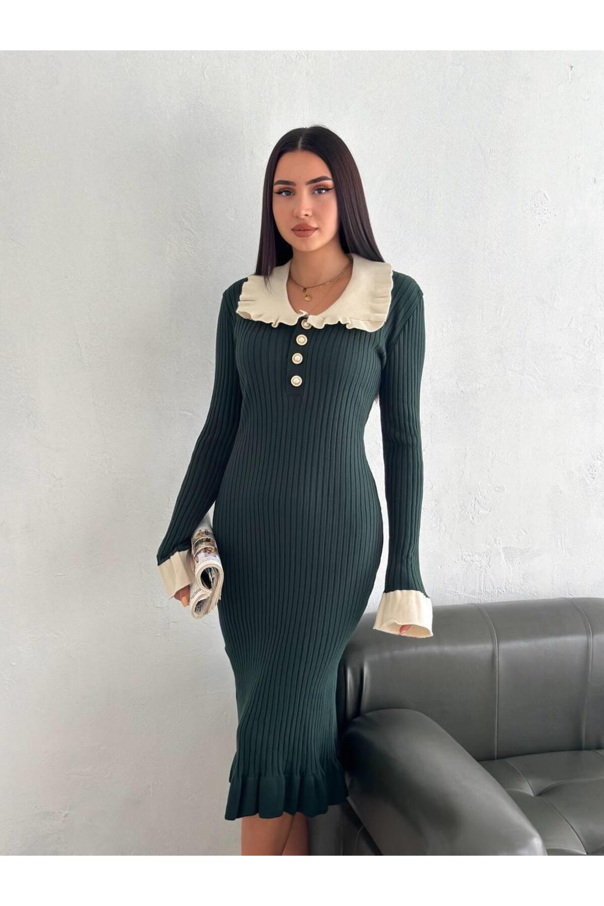 Fırfır Yaka İnci Düğmeli Uzun Kollu Triko Elbise