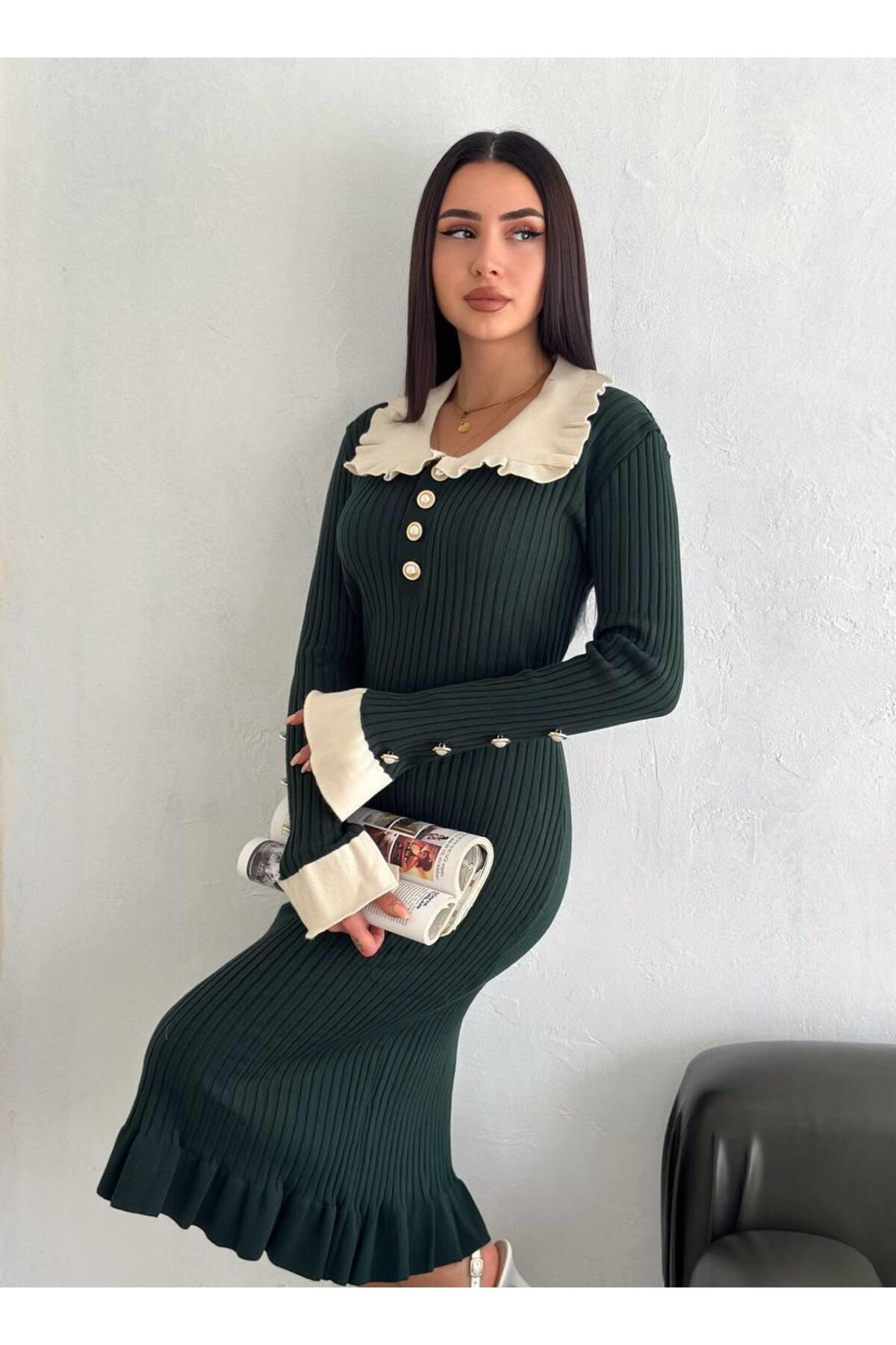 Fırfır Yaka İnci Düğmeli Uzun Kollu Triko Elbise