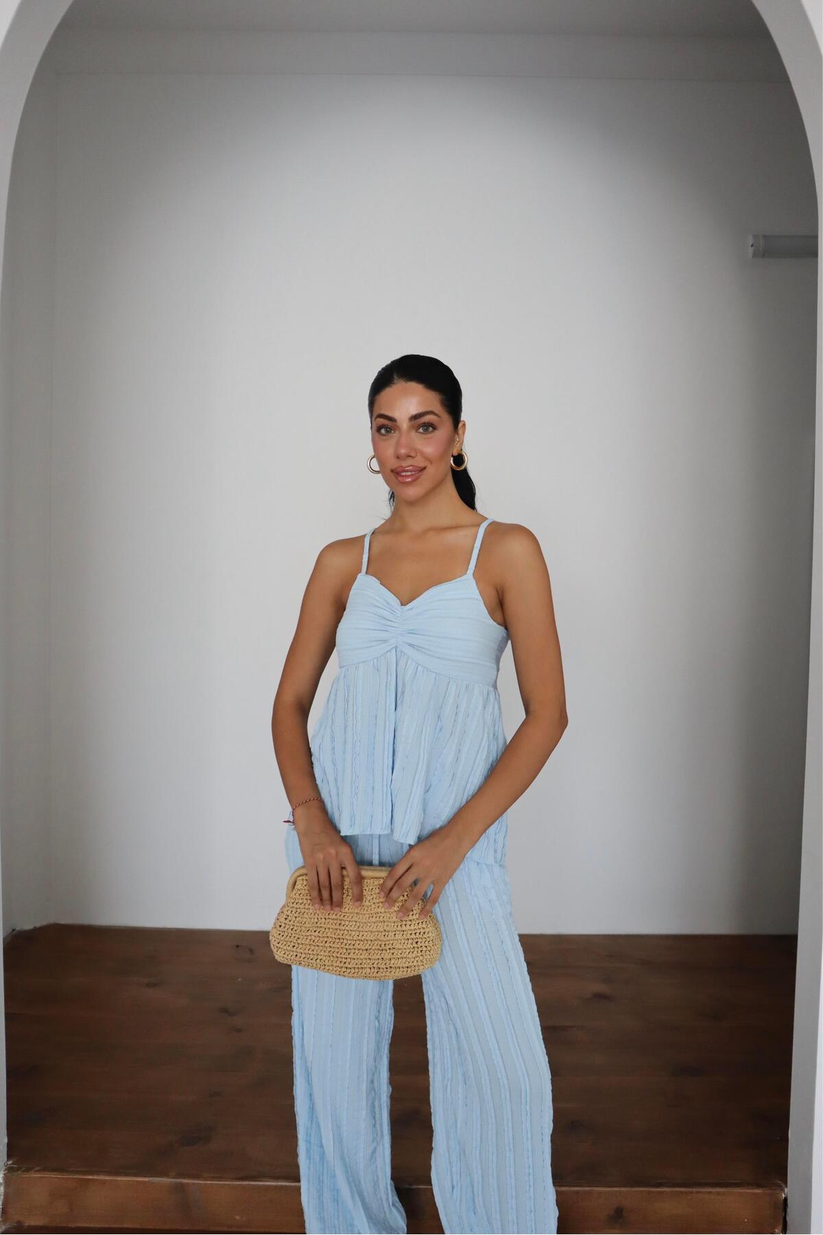 Fitil Desenli Askılı Bluz & Pantolon İkili Takım